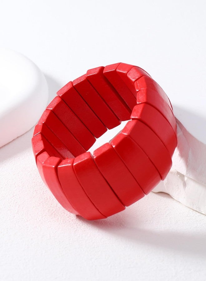 QRH Red Bohemian Wooden Beads Stretch Bracelet Multi-colored Wide Chunky Bangle Bracelets Red Wooden Beads Wristband Elastic Bangle Coconut Shell Bracelets Jewelry - Image 3